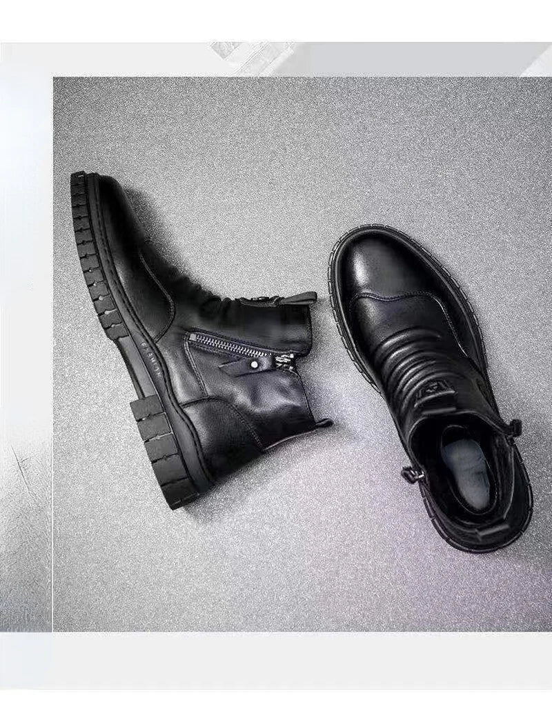 Men's Fashionable High-Top Knight Boots - Casual Sports Leather Shoes with Cotton Lining for Autumn