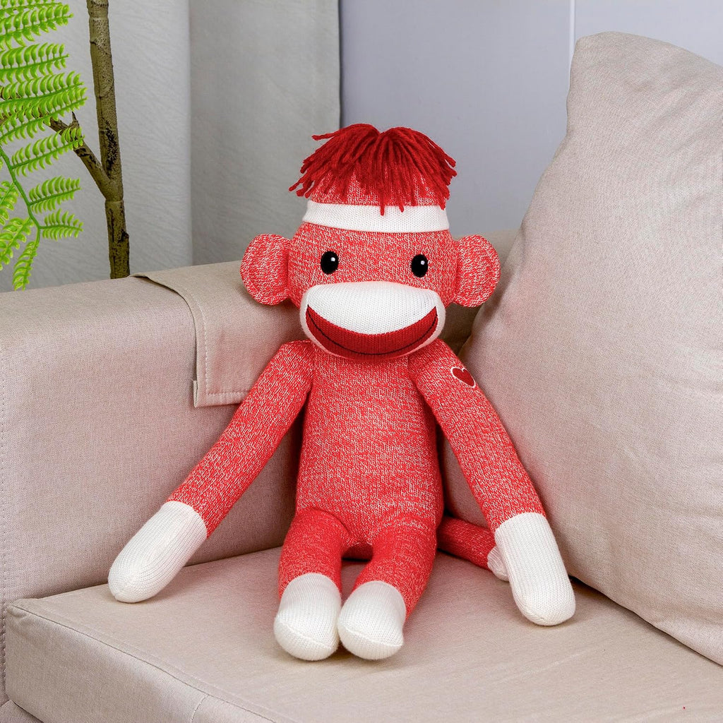 Adorable Sock Monkey, the Original Traditional Hand Knitted Stuffed Animal Toy Gift-For Kids, Babies, Teens, Girls and Boys Baby Doll Present Puppet 20 Inches (New Orange)