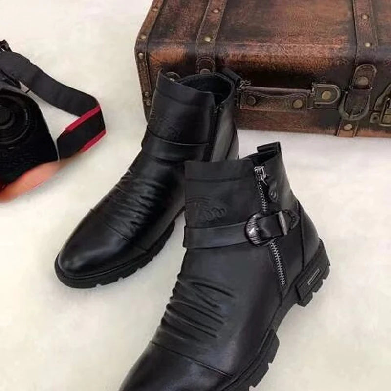 Men's Fashionable High-Top Knight Boots - Casual Sports Leather Shoes with Cotton Lining for Autumn
