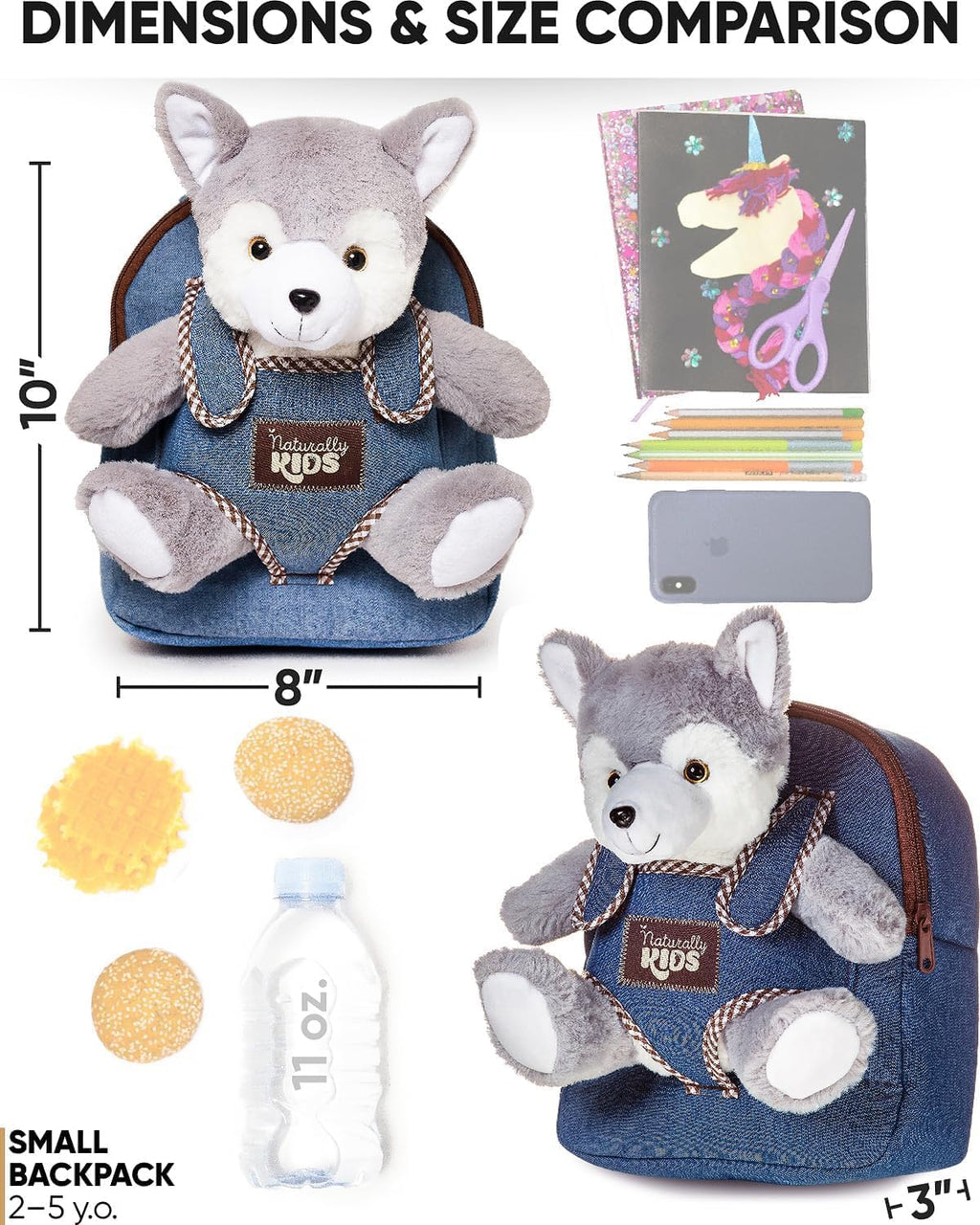 Toddler Backpack W. Plush Wolf Toy, Kids Gift 2 3 4 5