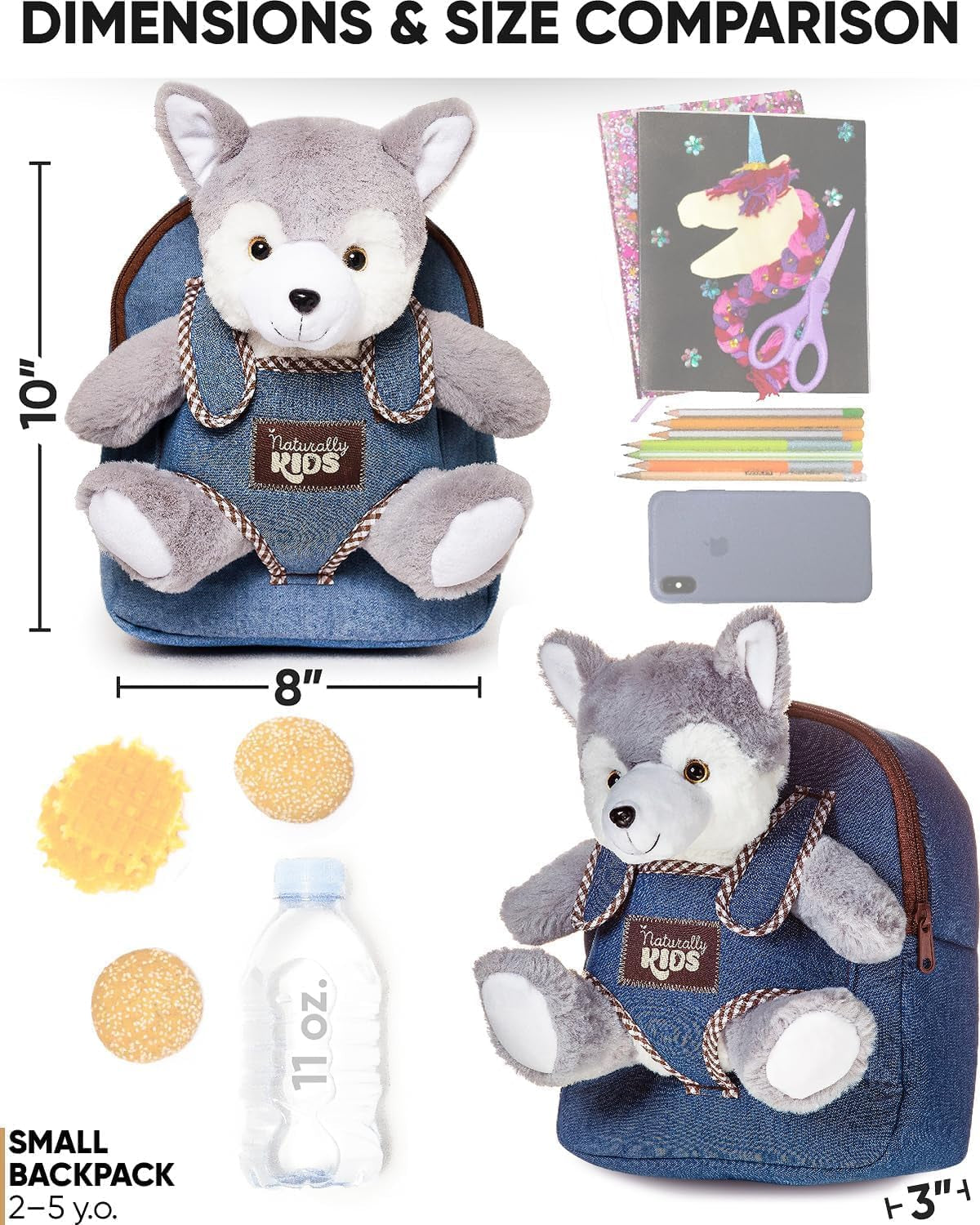 Toddler Backpack W. Plush Wolf Toy, Kids Gift 2 3 4 5
