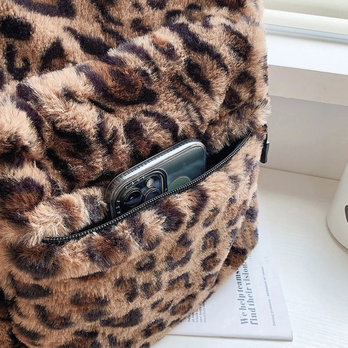 Luxury Brown Leopard Pattern Plush Women's Backpack - Large Capacity Multi-Pocket Purse with Adjustable Straps for Commuting