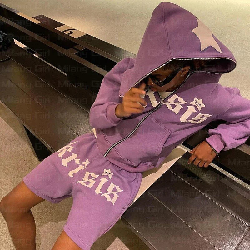 Men's Oversized Gothic Star Print Zip Hoodie - Y2K Punk Sweatshirt