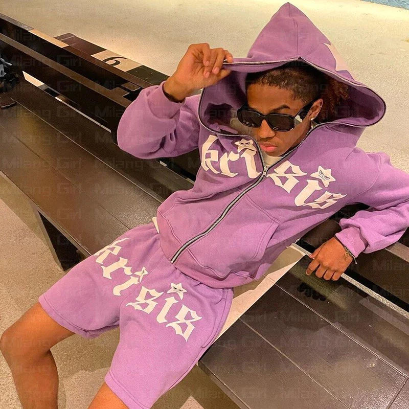 Men's Oversized Gothic Star Print Zip Hoodie - Y2K Punk Sweatshirt