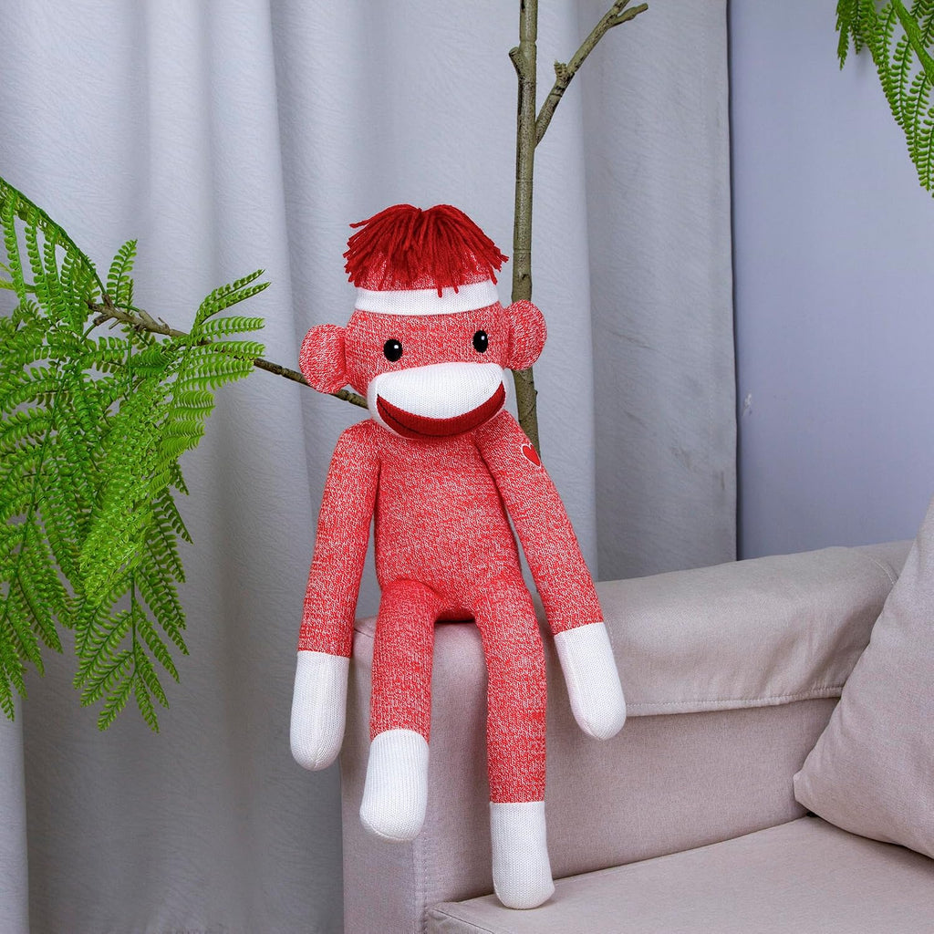 Adorable Sock Monkey, the Original Traditional Hand Knitted Stuffed Animal Toy Gift-For Kids, Babies, Teens, Girls and Boys Baby Doll Present Puppet 20 Inches (New Orange)