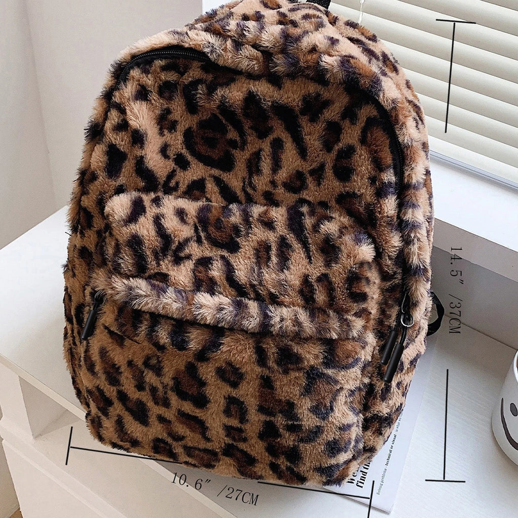 Luxury Brown Leopard Pattern Plush Women's Backpack - Large Capacity Multi-Pocket Purse with Adjustable Straps for Commuting