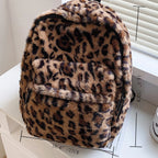 Luxury Brown Leopard Pattern Plush Women's Backpack - Large Capacity Multi-Pocket Purse with Adjustable Straps for Commuting
