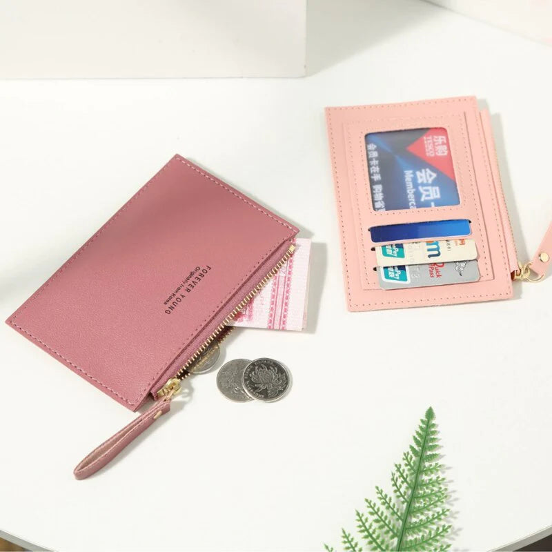 PU Zipper Mini Business Card Holder for Men and Women - Pure Color Cash and ID Card Case, 