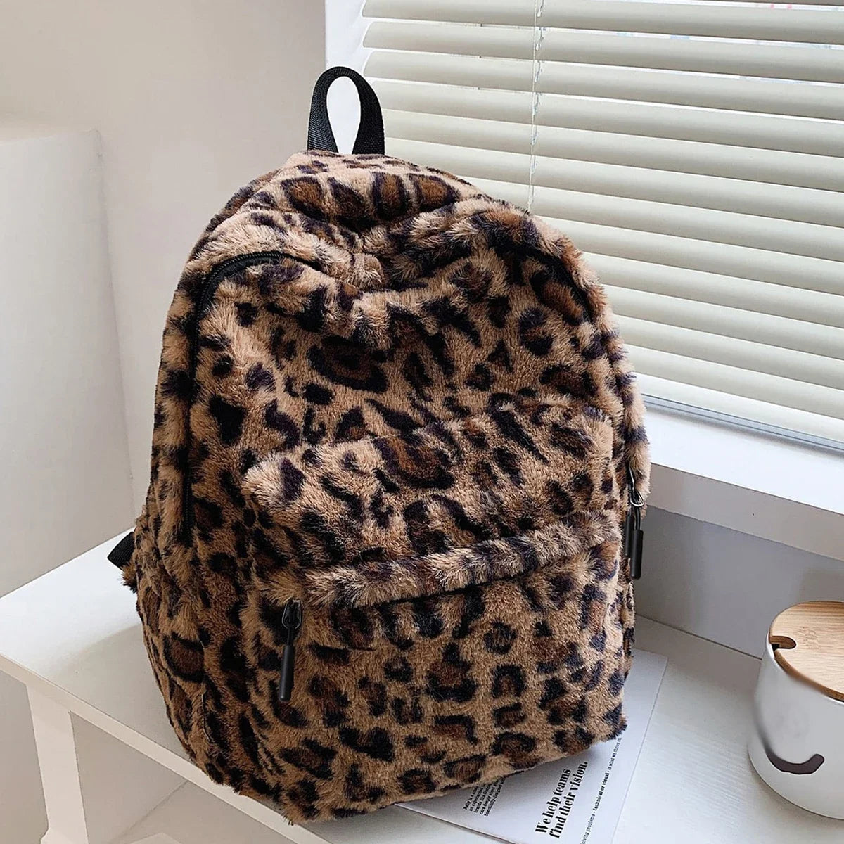 Luxury Brown Leopard Pattern Plush Women's Backpack - Large Capacity Multi-Pocket Purse with Adjustable Straps for Commuting