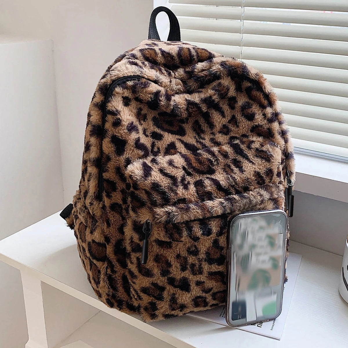 Luxury Brown Leopard Pattern Plush Women's Backpack - Large Capacity Multi-Pocket Purse with Adjustable Straps for Commuting