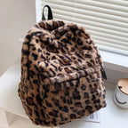 Luxury Brown Leopard Pattern Plush Women's Backpack - Large Capacity Multi-Pocket Purse with Adjustable Straps for Commuting
