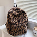 Luxury Brown Leopard Pattern Plush Women's Backpack - Large Capacity Multi-Pocket Purse with Adjustable Straps for Commuting