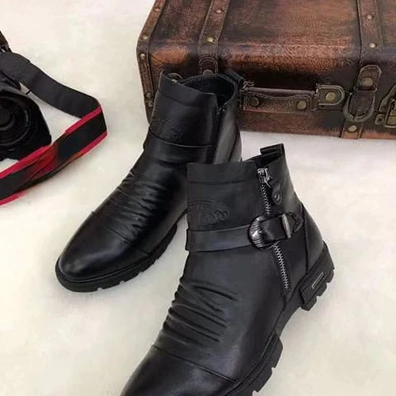 Men's Fashionable High-Top Knight Boots - Casual Sports Leather Shoes with Cotton Lining for Autumn