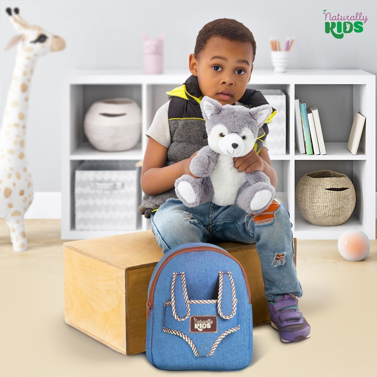 Toddler Backpack W. Plush Wolf Toy, Kids Gift 2 3 4 5