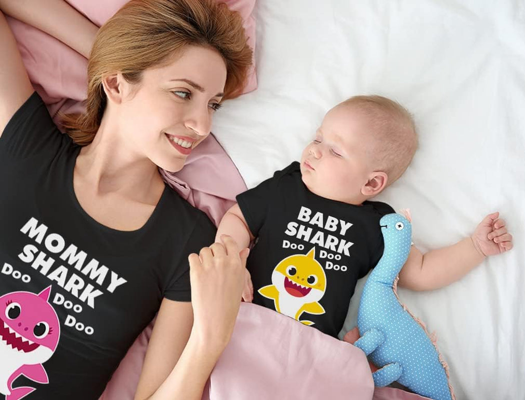 Mommy and Baby Shark Coordinated Outfits - Mother and Child Matching Shirt Set