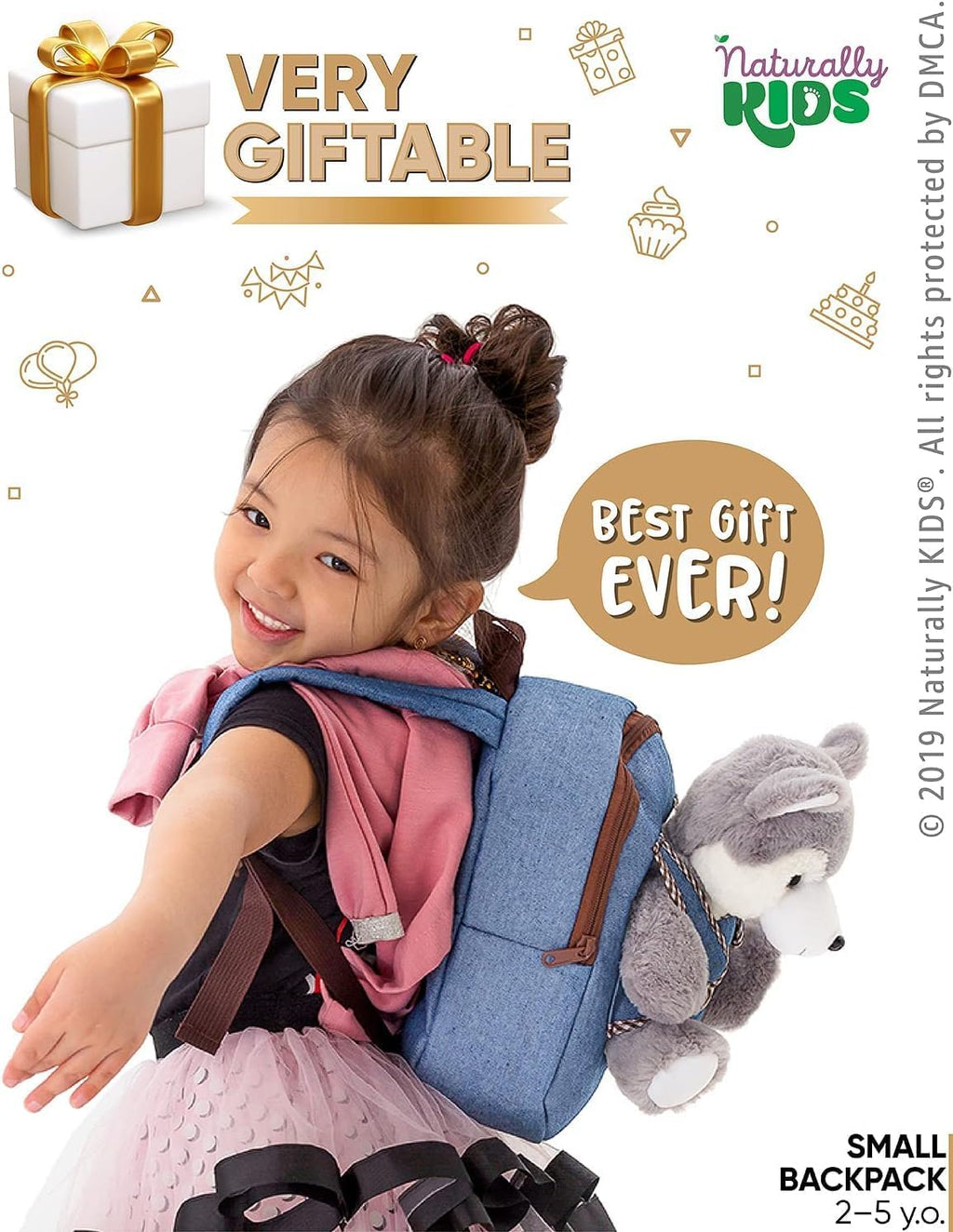 Toddler Backpack W. Plush Wolf Toy, Kids Gift 2 3 4 5