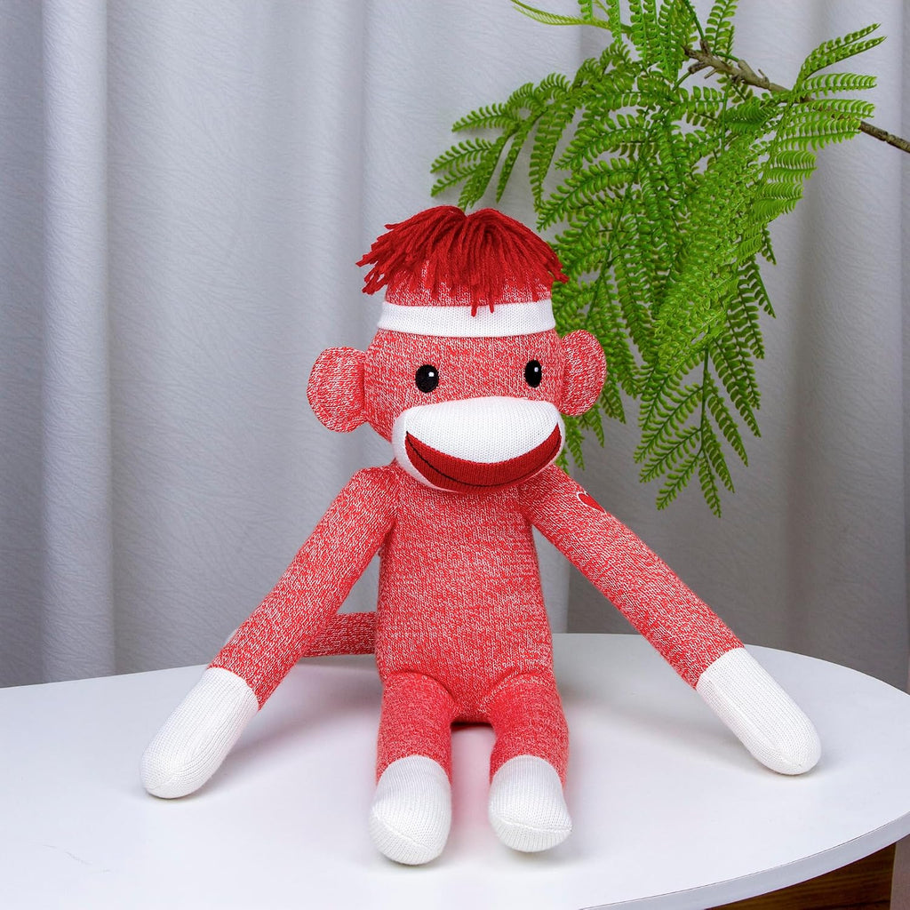 Adorable Sock Monkey, the Original Traditional Hand Knitted Stuffed Animal Toy Gift-For Kids, Babies, Teens, Girls and Boys Baby Doll Present Puppet 20 Inches (New Orange)