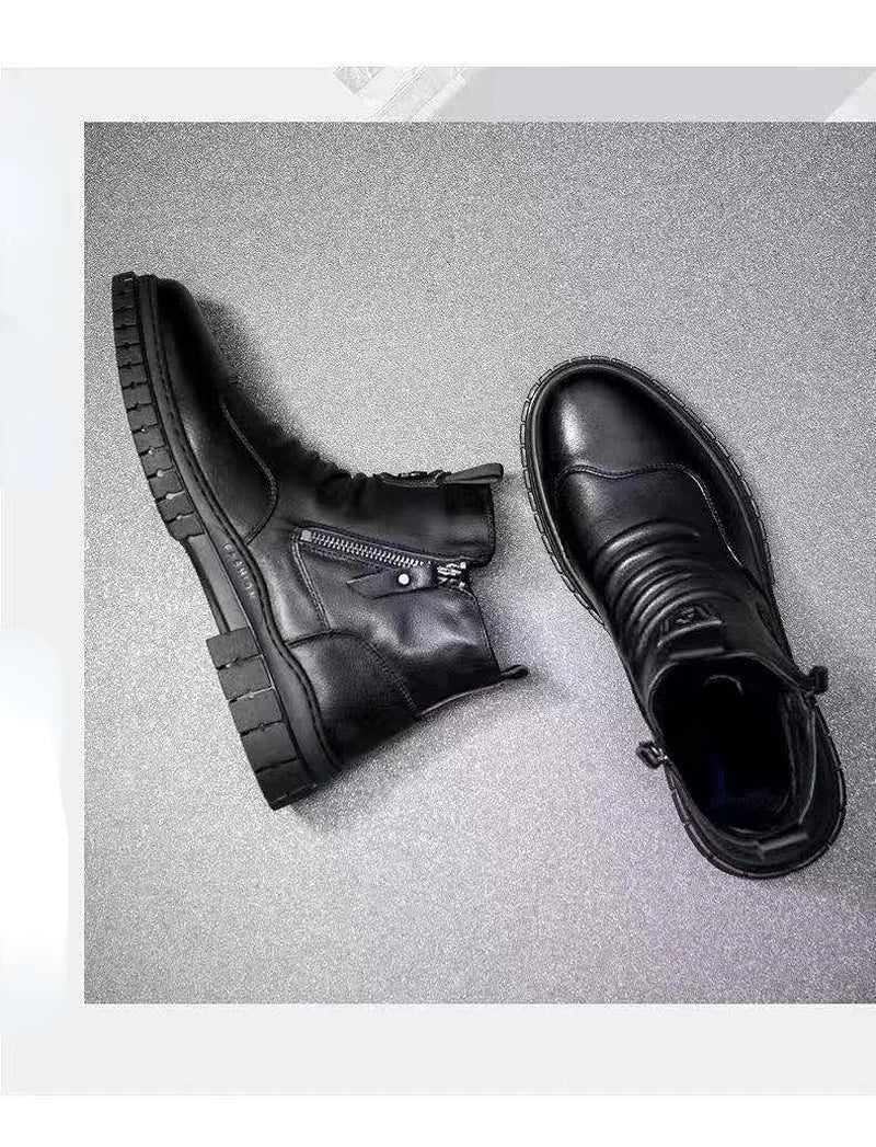 Men's Fashionable High-Top Knight Boots - Casual Sports Leather Shoes with Cotton Lining for Autumn